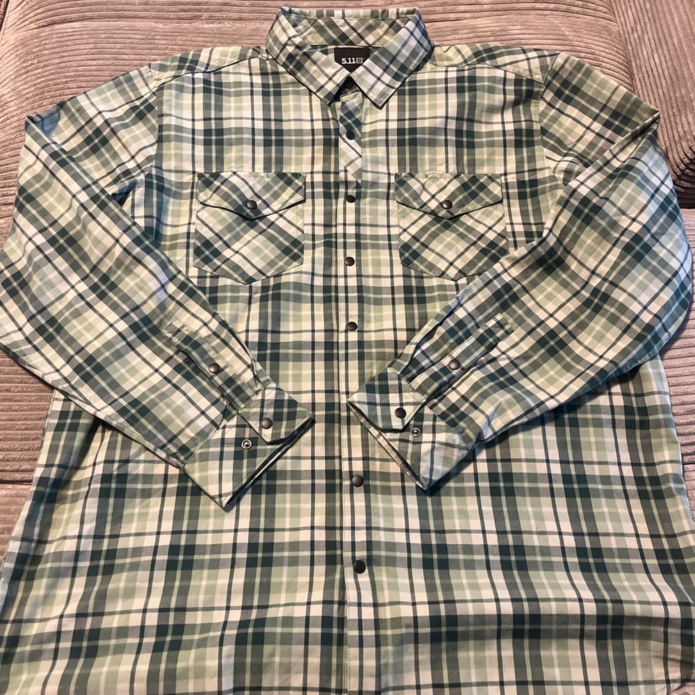 5.11 Tactical Gunner Plaid Shirt Mens 2XL Green Long Sleeve Snap Button NWOT